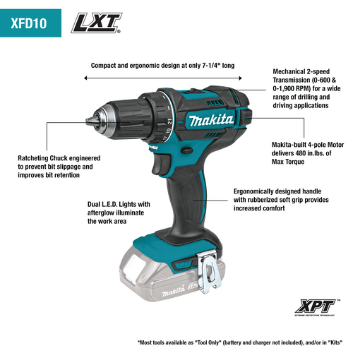 Makita XFD10Z 18V LXT® Lithium‑Ion Cordless 1/2 Driver‑Drill, Tool Only